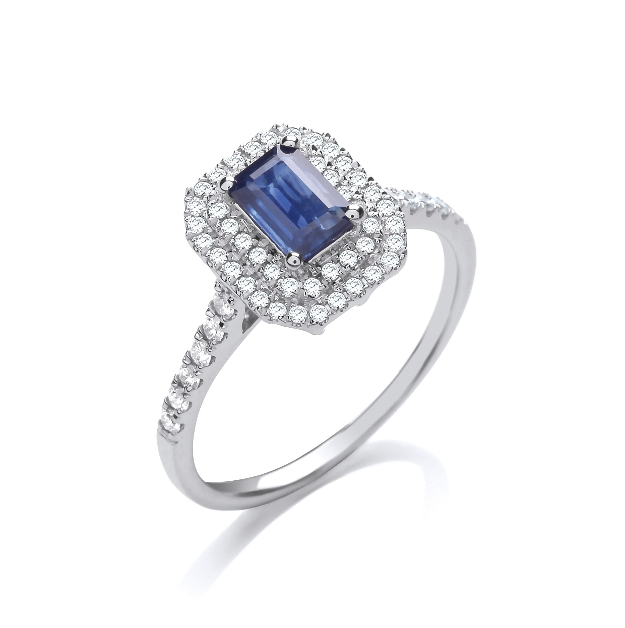 Double Halo Diamond and Sapphire Ring