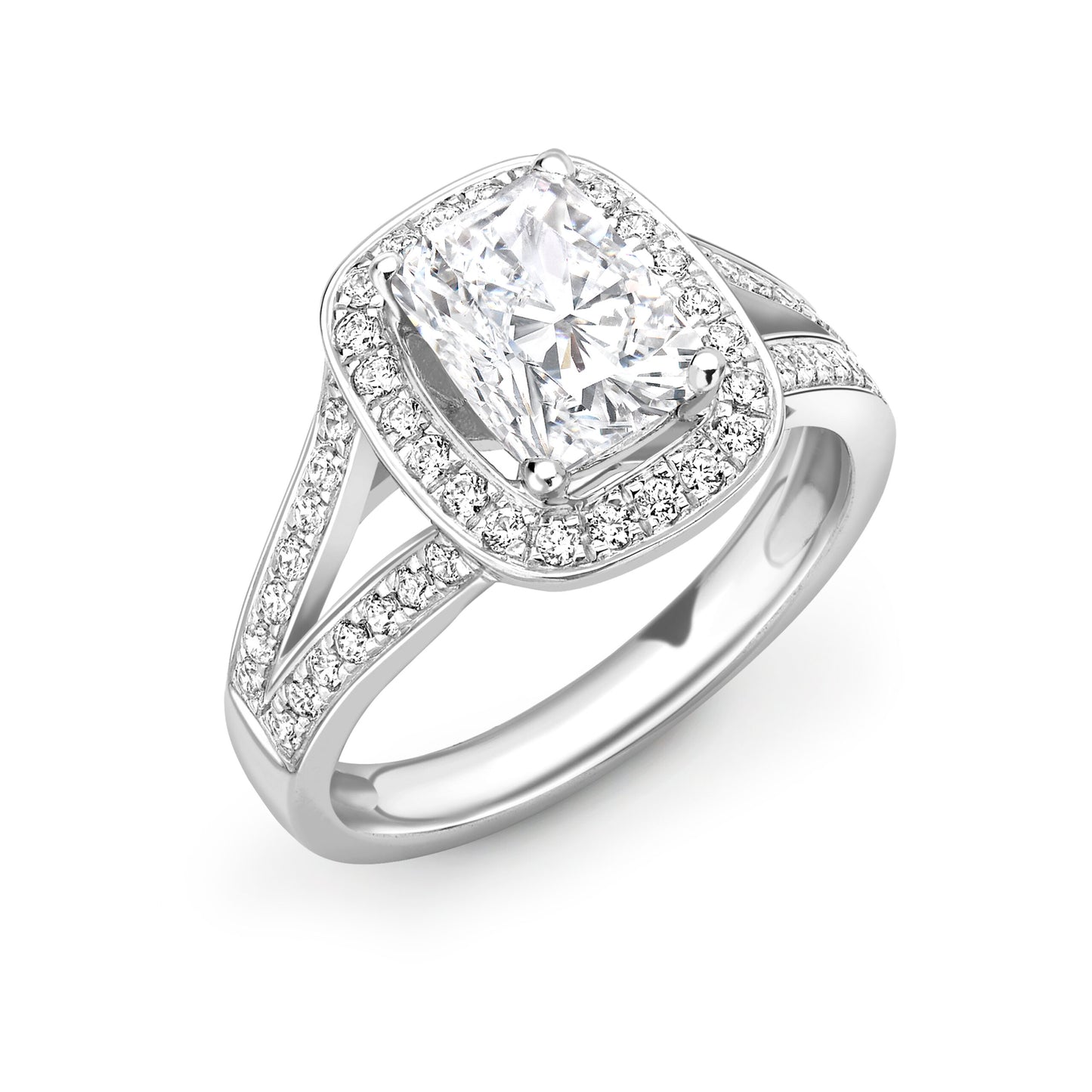 Radiant Cut Diamond Ring with Split Shoulders and Halo